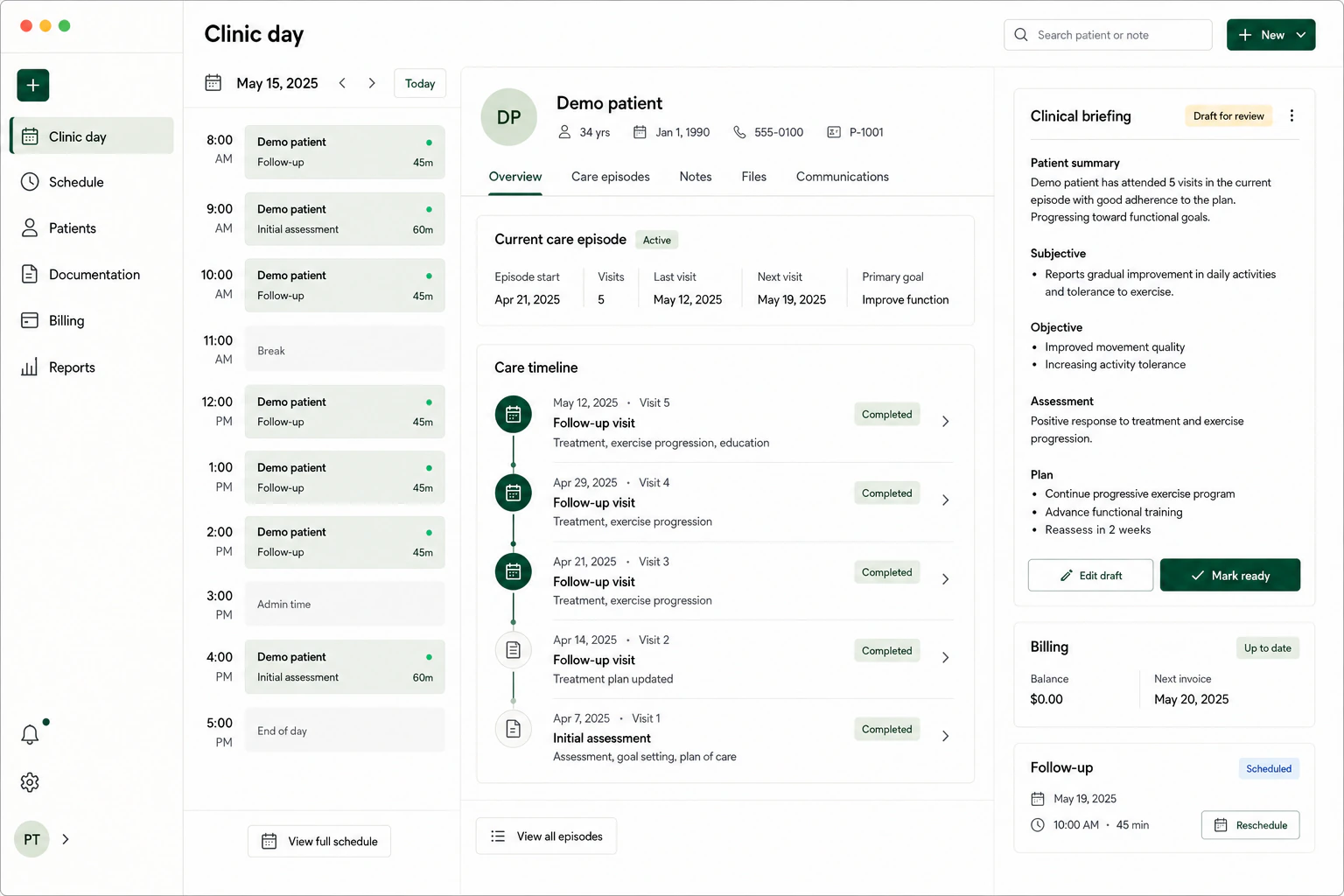 Concept mockup of Physicare showing the schedule, a patient record, a pre-appointment overview and billing tasks with fictional demonstration data
